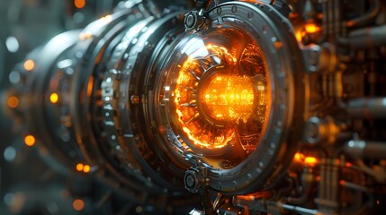 Fototapeta premium The quantum jet engine, with its glowing core and intricate design, set against an industrial background. 