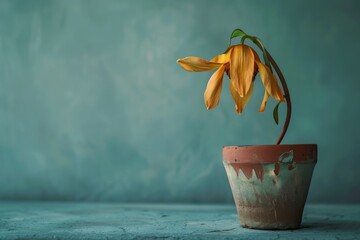 A wilted flower in a dry pot, symbolizing the neglect and withering of depression