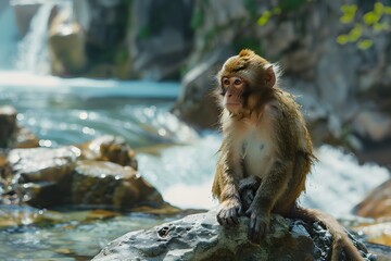 a cute monkey on the bank of a river flowing over rocks