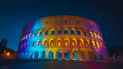 Naklejka na ściany i meble Colosseum in Rome lit up with dynamic rainbow lighting, featuring a clear area at the bottom for text