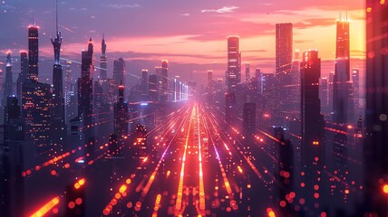 Futuristic cityscape with glowing data streams symbolizing digital commerce