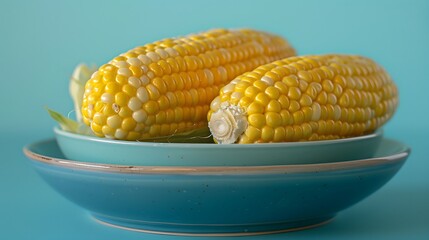 Large golden yellow ears of corn on the cob, perfectly coiled and sitting in an elegant blue plate with a clear light blue background.
