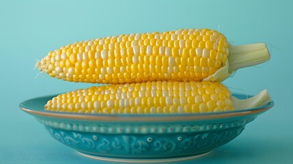 Large golden yellow ears of corn on the cob, perfectly coiled and sitting in an elegant blue plate with a clear light blue background.
