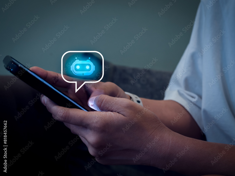 Poster artificial intelligence, ai chat bot technology concept. glowing smart robot icon on speech bubble o