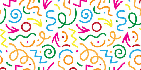 fun colorful line doodle seamless pattern. Creative abstract art background collection for children or festive celebration design. Simple childish scribble wallpaper print texture bundle.