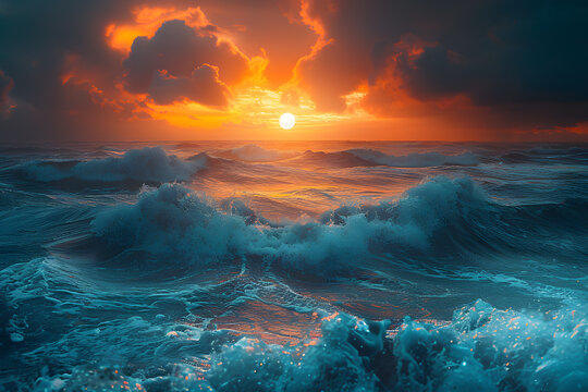 photo of waves with a sunset and dark clouds in the background