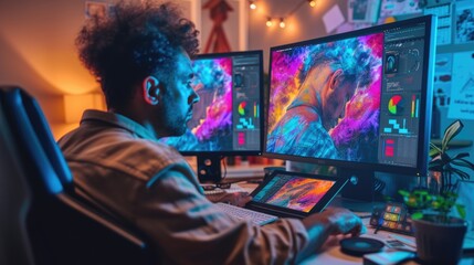 A creative professional is deeply focused on editing visual media on a computer, surrounded by a vibrant and artistic workspace. AIG41