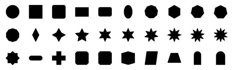 Collection of Basic Shape Related Vector Solid Icons. Contains Icons like Circle, Square, Round, Star and more. Editable stroke. 48x48 pixels