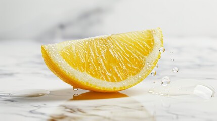 Close-up of a fresh lemon slice on a marble surface with water droplets, showcasing its vibrant color and juicy texture. - Powered by Adobe