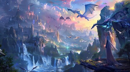 Fantasy kingdom with waterfalls, dragons flying in colorful sky, and a cloaked figure gazing at majestic castle, vibrant and mystical.