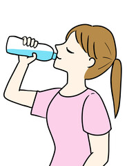 水を飲む女性　ペットボトル　半袖　イラスト