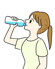 水を飲む女性　ペットボトル　半袖　イラスト