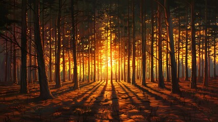 A serene forest at sunset, with tall trees and warm hues of orange and yellow lighting the landscape.
