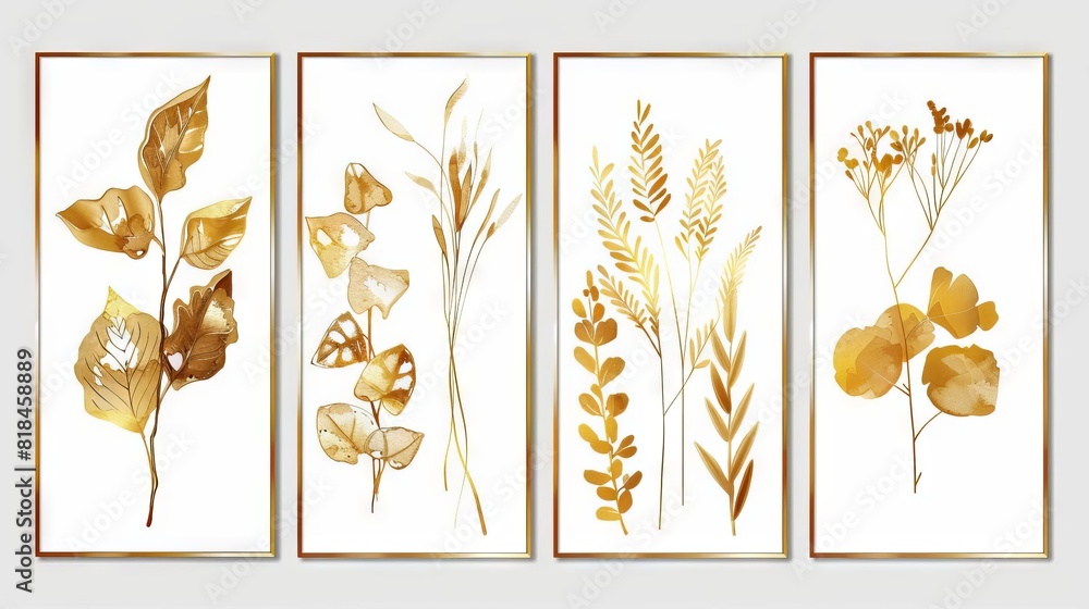 Wall mural abstract golden foliage plant art set modern botanical illustration for wall decor and prints