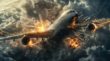 airplane falling apart in mid-air, explosions and sparks engulfing the aircraft as passengers face the unthinkable horror of a catastrophic in-flight breakup.