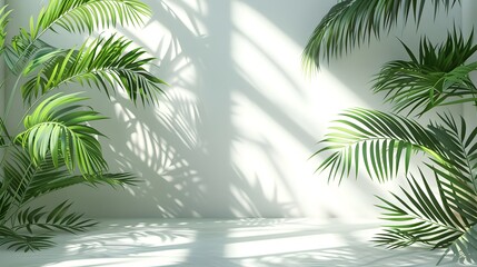 Fototapeta na wymiar A white wall with palm leaves and shadow in the background, creating an elegant and minimalist backdrop for product display or presentation. 