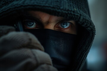 a criminal eyes within black hood