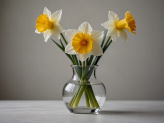 Daffodil in a vase on a table with white solid background