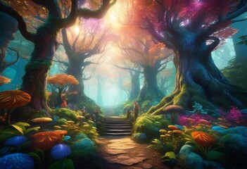 enchanting fairytale forest whimsical characters magical atmosphere, scene, fantasy, landscape, dreamy, mystical, surreal, vibrant, colorful, imaginative