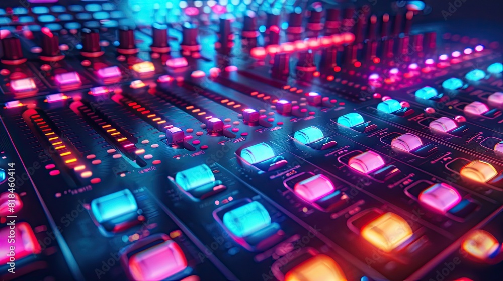 Poster a colorful array of buttons on a sound board. the buttons are lit up in different colors, creating a