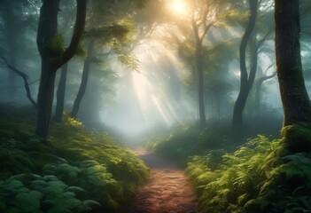 Naklejka premium enchanting misty scenes foggy mornings, forests, magical, woodland, atmospheric, ethereal, mystical, captivating, serene, nature, tranquil, dense, trees