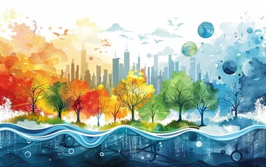 Colorful city skyline illustration with trees representing four seasons, blending urban and nature elements in a surreal style.