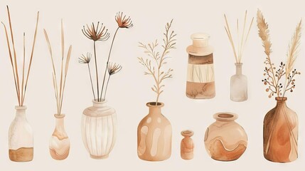 Collection of artisanal incense in earth colors for nomadic home decor luxury store digital illustration
