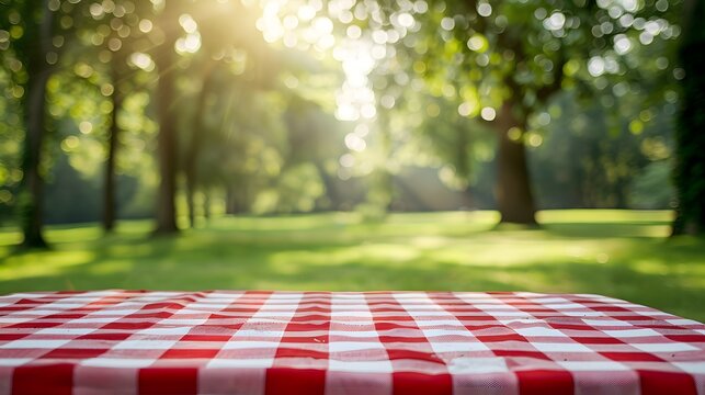 Red and white checkered tablecloth on blurred background of green park with trees in summer picnic, nature or food concept banner.
