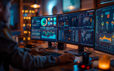 Data Analyst Monitoring Global Information in Control Room