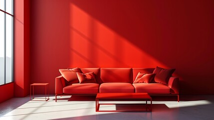 Red wall background with sofa and coffee table, minimalist interior design of modern living room at home.
