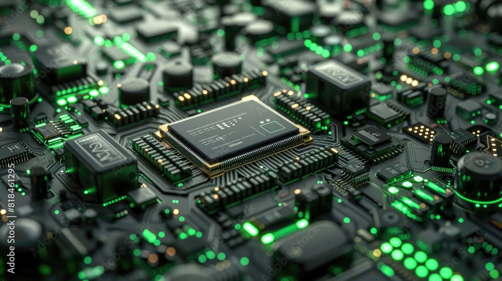 Poster a computer chip is shown in a green and black color scheme. the chip is surrounded by a green backgr