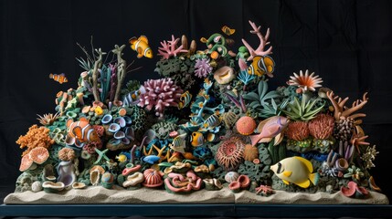 A vibrant coral reef sculpture showcasing various colorful marine life forms including fish, corals, and underwater plants.