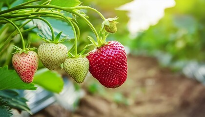 Ripe strawberries on a branch in an orchard on blurred garden farm background.