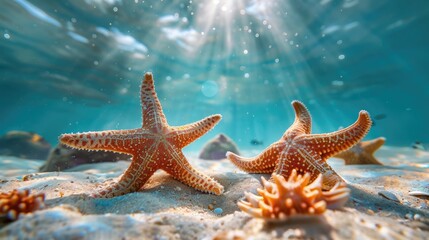 Two orange starfish are on the sand in the ocean. The sun is shining on them, making them look even more beautiful