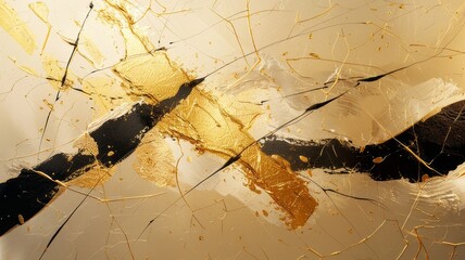 Contemporary art piece featuring golden accents and abstract black lines