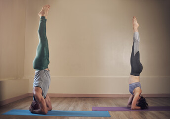 People, balance or head stand for yoga for health, wellness or body flexibility for practice...
