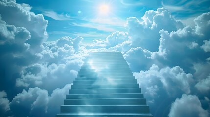 Stairs leading to heaven, with clouds and light in the sky, symbolizing eternal life and spiritual iconization.
