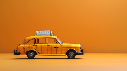 Flat illustration of taxi car against violet background. Flat design of taxicab, front view. Vector...