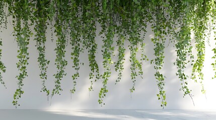 Wall with green plants hanging, vines, floor, volumetric light, white background, .
