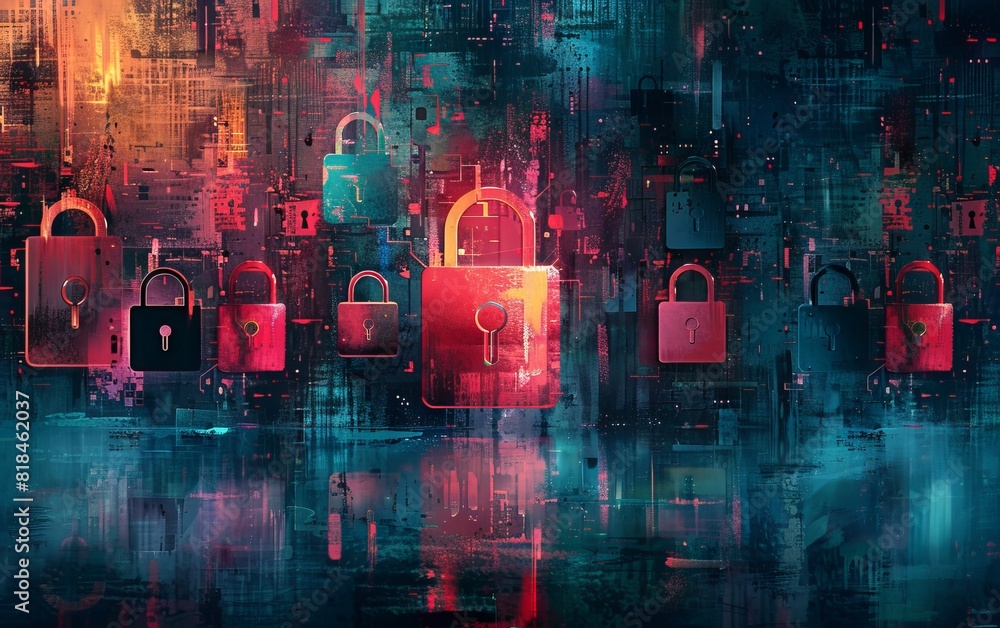 Poster futuristic cybersecurity concept with colorful digital padlocks symbolizing data protection, privacy