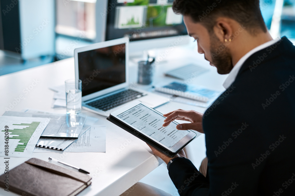 Aufkleber research, tablet and man with paperwork for data analysis, metrics and stats for business growth. ch