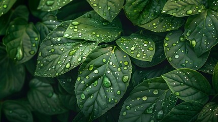 Water droplets on green leaves, macro photography.
