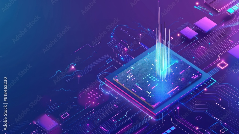 Poster central processor unit. cpu chips. microprocessor with blue light. big data processing, future techn