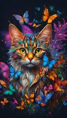 This vibrant and magical artwork depicts a cat surrounded by an array of colorful butterflies. The cat's fur is a mesmerizing blend of bright hues, creating a surreal and enchanting scene. The butterf