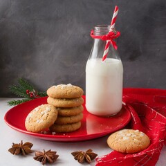 glass of milk and cookies on a red plate 