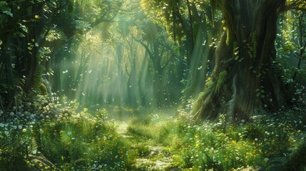 A sunlit, magical forest scene with lush greenery, tall trees, and scattered white flowers, bathed...