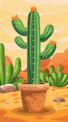 Illustration of a tall cactus in a pot with a desert background, bright green color with flower details, perfect for nature and botanical themes.