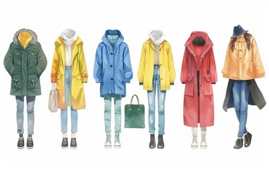 Illustration of trendy women wearing colorful raincoats and jackets, perfect for fashion and outerwear collections.