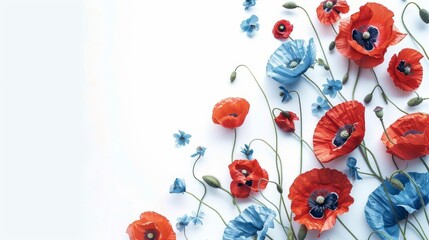 elegant blue and red poppy flower footer design with white background and empty text space