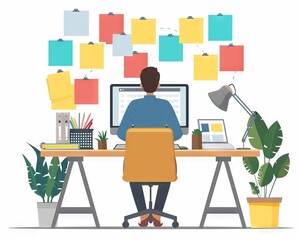 Fototapeta premium Man at a desk working on computer with colorful sticky notes on the wall, surrounded by plants and office supplies.